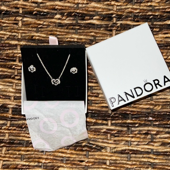 Pandora Infinity heart sterling silver necklace and stud earrings - Picture 1 of 2